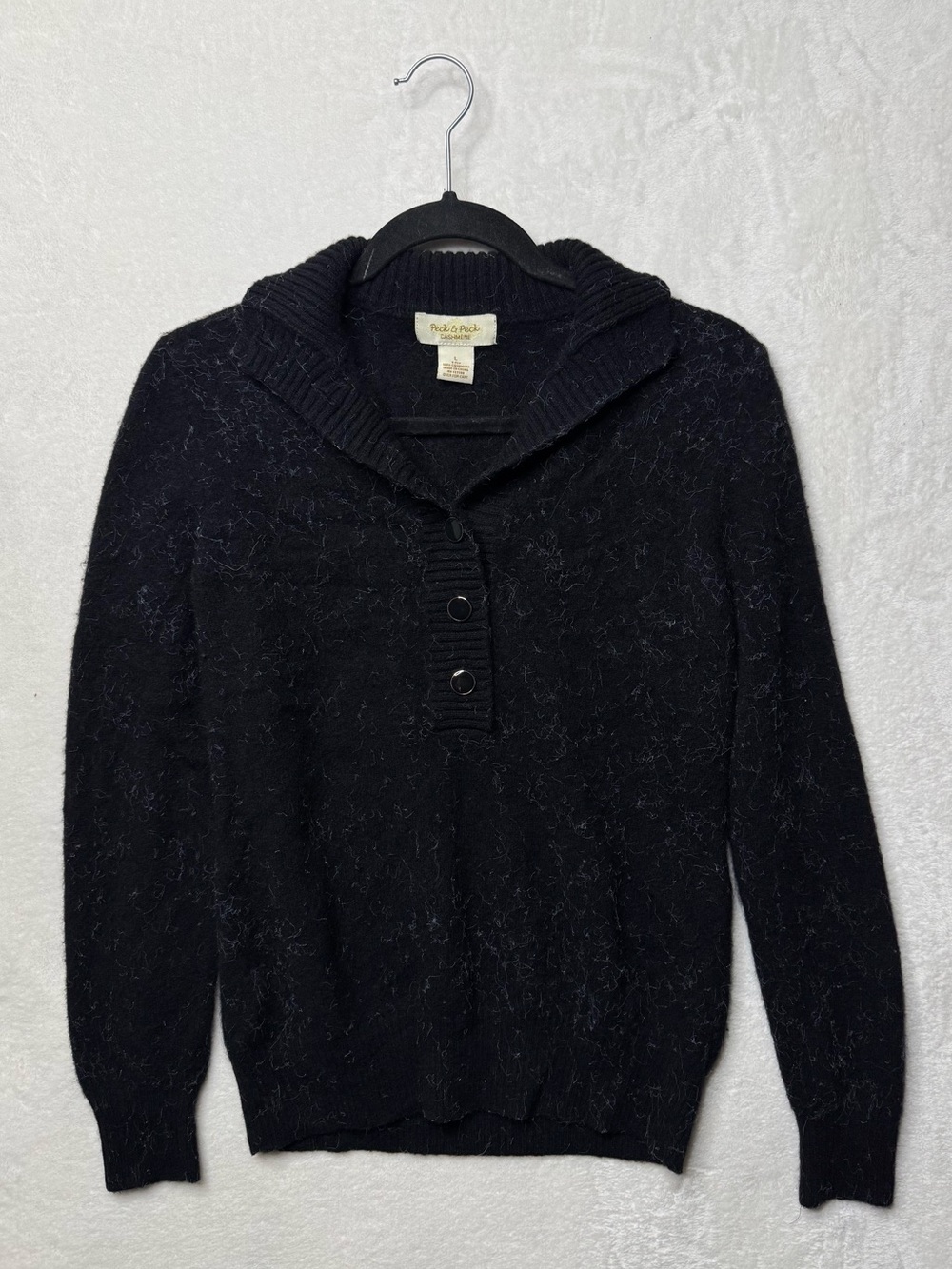 VTG Cashmere Peck & Peck Black Shawl-Collar Button Pullover Chunky Sweater  L